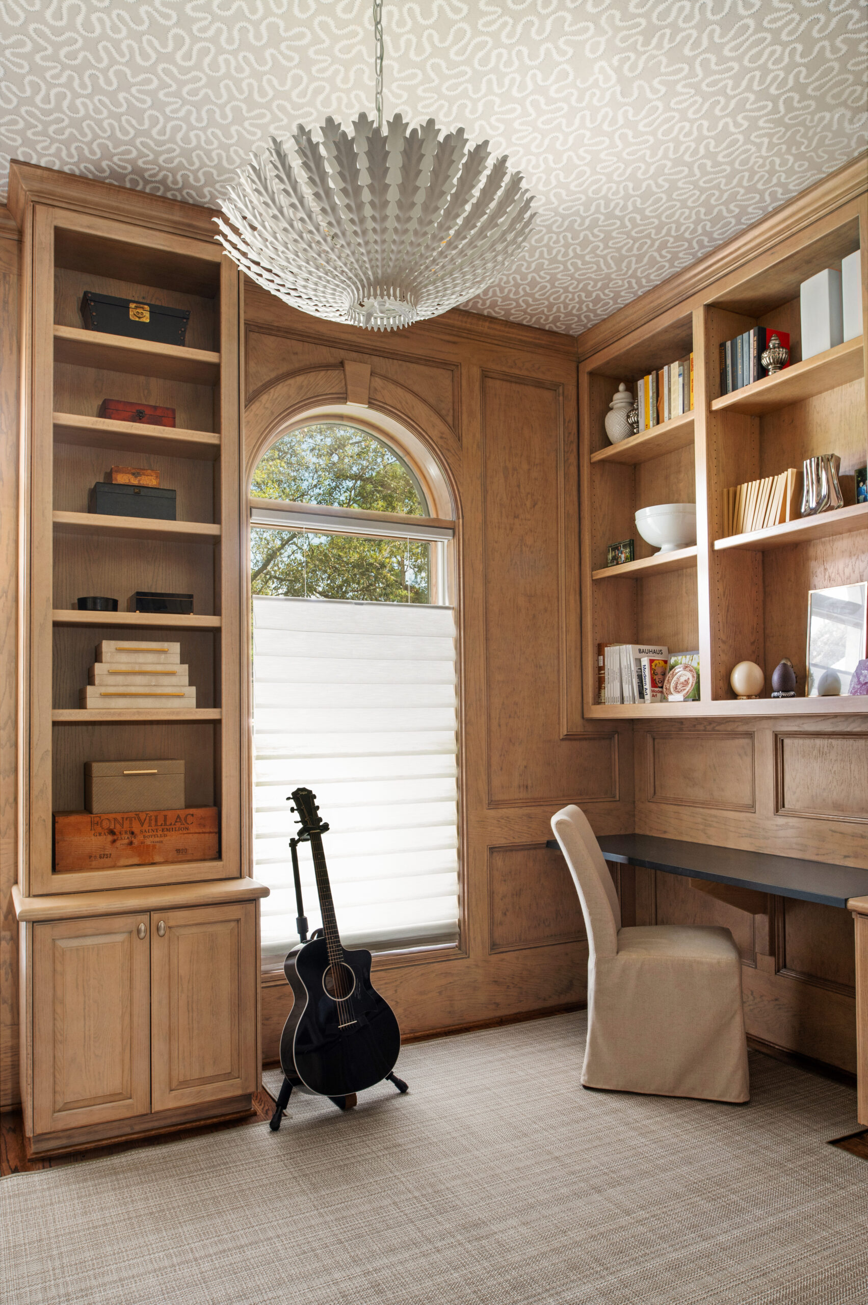 Gorgeous office interior design with wood finished and bookshelves