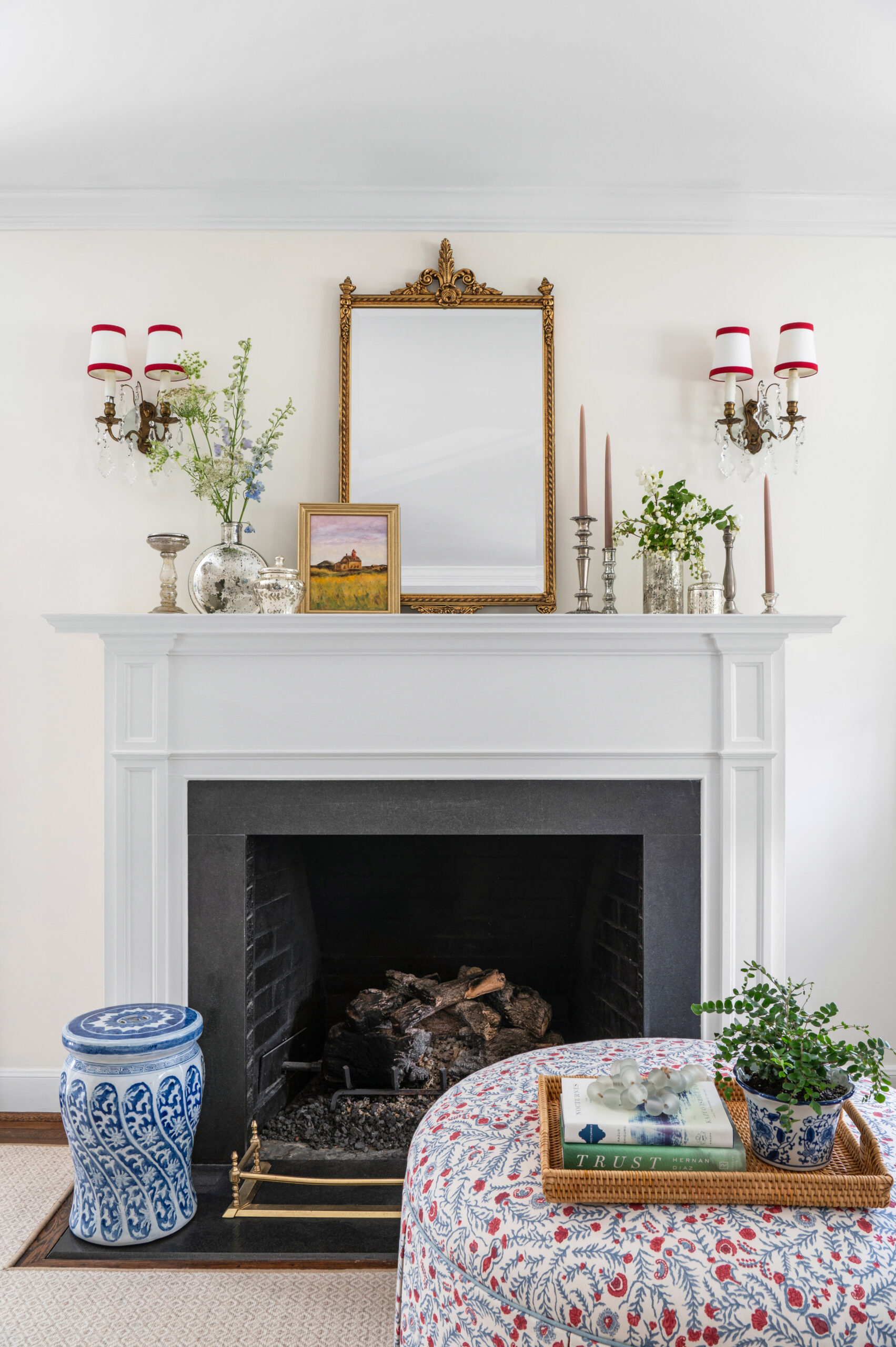 Interior design photography of a gorgeous fireplace with decor on top